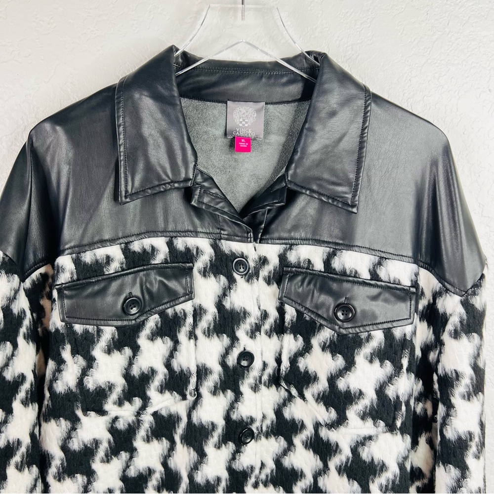 Vince Camuto Black/White Houndstooth Faux Leather Trim Button Down Shacket XL - Picture 6 of 15